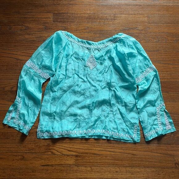 Jack Rogers Teal and White Embroidered Silk Tunic Top - Picture 8 of 8